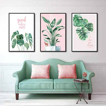 Grønne Blade Pink Baggrund Friske, Nordiske Stil Væg Kunst, Lærred Maleri Hd Print Væggen Billede Til Stuen Home Decor