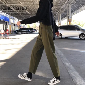 Bukser Militær Grøn Kvinder Farve Oversize Stil Japan Enkel Harajuku Ankel Længde Kontor Dame Mode Lige Bukser