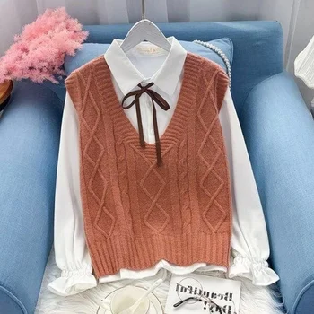 [Vest + skjorte]2021 forår skjorte, vest, der passer ærmeløs sweater vest two piece jakke at strikke