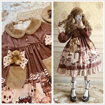 Lolita efterår og vinter Bobo bjørn Teddy retro farve matchende varm langærmet peter pan krave, høj talje victoriansk kjole cos
