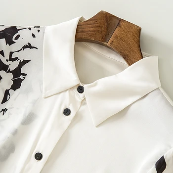 Bluse Kvinder Asymmetrisk Trykt design 90% Silke Turn-down Krave Lange Ærmer Elegante Shirt Damer Nye Mode