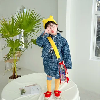 2021 Foråret Efteråret Nye Buksetrold Piger Tøj Sæt koreansk Mode Print-Jeans Jakke+A-linje Denim Nederdel Outfit 2pc Kids Sæt