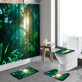Badeforhæng Tropiske Grønne Anlæg Palm Leaf Badekar Indretning Natur Monstera Badeværelse Tæppe skridsikker bademåtte Toilet