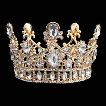 JaneVini 2020 Luksus Guld Runde Brude-Kroner Tiaras Prinsesse Rhinestone Krystal Dronning Diadem Smykker Bryllup Hår Tilbehør