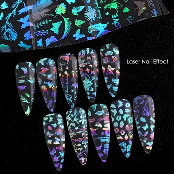 10stk Laser Søm Holografisk Folie Butterfly Flowe Blad Nail Art Transfer Klistermærke Skyder Decals Wraps Manicure Tilbehør