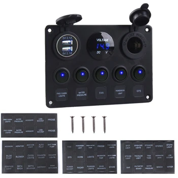 Dobbelt USB Stik Oplader LED-Voltmeter 12V strømudtag 5 Bande ON-OFF vippekontakt Panel til Bil, Båd Marine RV Lastbil C