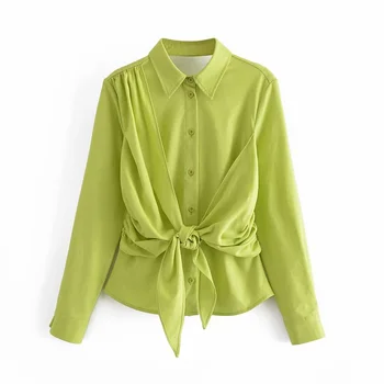 Kvinde Elegant Grøn Ryg Bomuld Skjorte 2021 Foråret Sexede Kvindelige Hule Ud Snøring Shirts Ladies Solid Langærmet Toppe