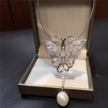 High-grade mikroskop zircon naturlige hvidt barok perle enkelt sommerfugl broche vedhæng mode smykker uden kæde