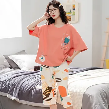 2021 Enkel Nattøj Pyjamas Kvinders Pyjamas Bomuld kortærmet dame Pijama Homewear Sæt Søde Tegneserie Lounge Wear T-shits