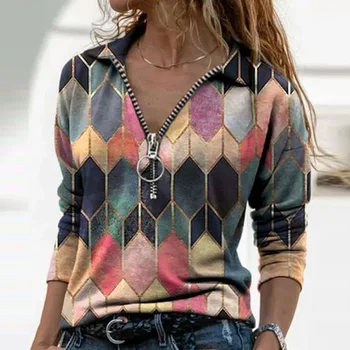 Kvinder Med Lange Ærmer V-Hals Geometriske Print Bluse Vinrage Løs Skjorte Foråret Casual Pullover Mænds Elegante Toppe Plus Size Blusas