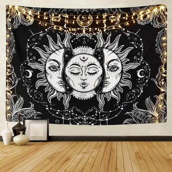 White Black Sun Moon Mandala Gobelin Væggen Hænger Himmelsk Vægtæpper Hippie-Væg Tæpper Dorm Indretning Psykedelisk Gobelin