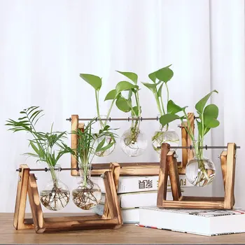 Desktop Glas Plantageejer Pære Vase med Retro i Massivt Træ Stå og Metal Drejelig Holder til Hydroponics Planter Hjem Kontor Indretning