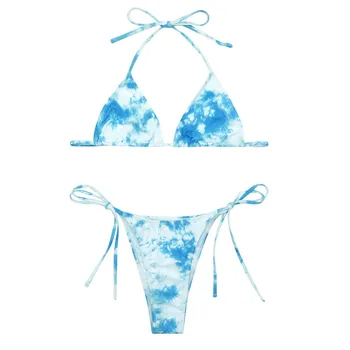 2021 Sommeren Kvinders Mode Udskrivning 2stk Bikini Passer Badetøj Snor Dyb V-hals Lace-up Halterneck Toppe med Side Uafgjort Bunde