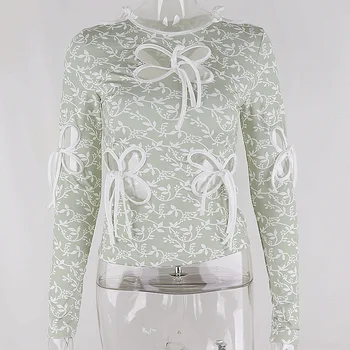 Mode Floral Print Langærmet Top Tee Kvinder Smarte Butterfly Hule Ud Snøre Cropped Toppe Tøj Søde Casual T-Shirts
