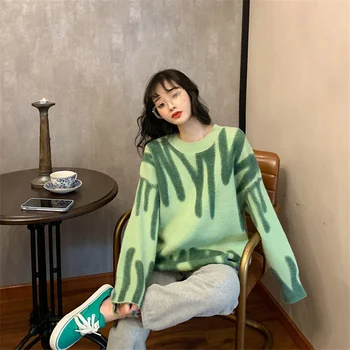 Kvinder Strikkede Sweater Løse Toppe Vinter O-Hals Overdimensionerede Mujer Sweater Grøn Pullover Overtøj