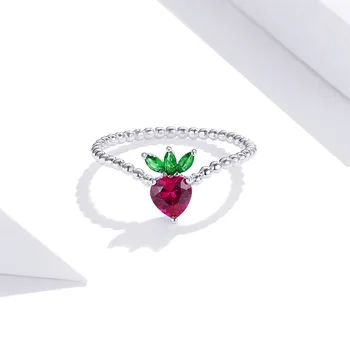 Somen Nye Stil Røde Små Jordbær 925 Sølv Ring Kvindelige Sød Frugt Forgyldt Platinum Zircon Indlagt Smykker