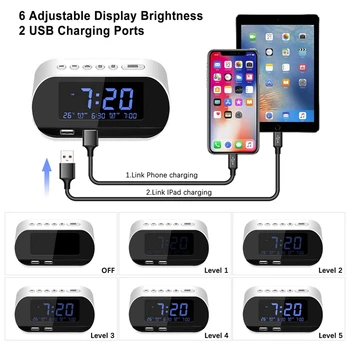 Vækkeur, Radio, FM-med Sleep Timer, Dual USB Port Oplader, Digital Display,med Dæmpning,Justerbar Volumen (Hvid)
