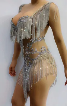 Nøgen body Sølv Rhinestones Frynser Krystaller Bodyer Sexede Gennemsigtige Mesh Party Show Dance Kostume