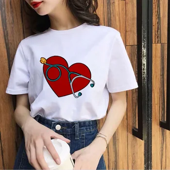 Hipster Tshirt kvindelige Stetoskop Kærlighed hjerte form udskrive Kvinder Tshirt Sjove Retro Toppe Dame kortærmet T-shirt Harajuku T-shirt