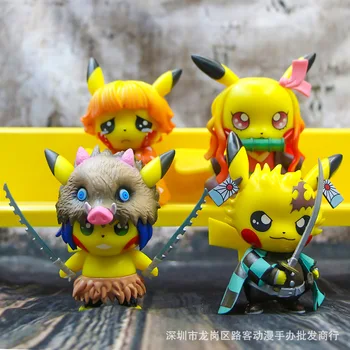 Pokemon 10cm Pet Samling Pikachu Model Legetøj Bladet, Demon Slayer Tanjiro Søde Pikachu Q Version Dukke Figur Kasse med Æg