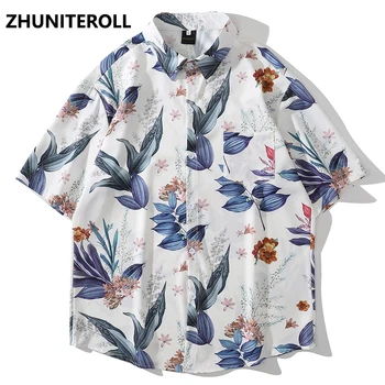 Hip Hop Sort Skjorte Streetwear Mænd Blad Print Hawaiian Beach Shirt Harajuku Kortærmet Sommer Aloha Shirt Mode Tøj