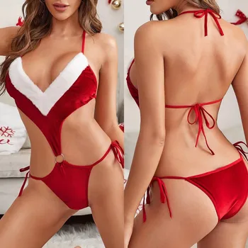 2020 Jul Kvinder Bodysuit med Velvet Fur Kvinder Sexy Santa Cosplay Kostumer porno lenceria erotik mujer sexi Buksedragt CD