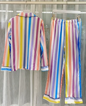JRMISSLI 2021 Efteråret Stribet Nye Silke Satin Trykt Pyjamas Sæt Nattøj Loungewear for Kvinder 2 Stykker Lange Ærmer