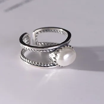 BOCAI Nye Real Ren S925 sølv kvinde ring mode smykker retro mat dobbelt-cirkel weave mønster ferskvands perle ring