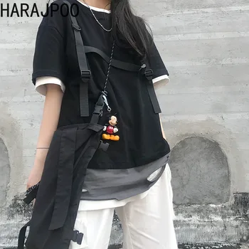 Harajpoo Kvinder T-Shirts Black Koreanske Ins Harajuku Syning Falske To-Delt Hul Design Studerende Casual Løse Korte Ærmer Toppe
