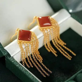 Naturlige Syd Red kalcedon geometriske Kvast Øreringe i Kinesisk stil retro domstol stil elegante, unikt håndværk kvinders smykker