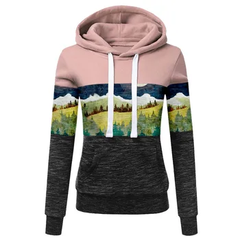 Kvinder Efterår Og Vinter Retro Print Sweatshirt Med Lange Ærmer Farve Blok Mountain Print Pullover Hoodie