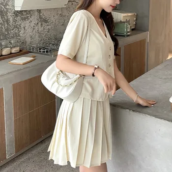 2021 Sommeren Korea Mode Passer Til To-Delt Sæt, Dame Casual Outfits Korte Ærmer Blazer Jakke Crop Tops + Plisseret Mini Nederdel