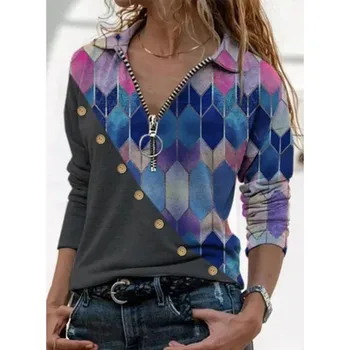 Mode Kvinde Bluser-Knappen Geometri Mønster PrinBlouse Bunke Turn-Down Krave Toppe Nye Bluse 2021 Mujer Camisetas