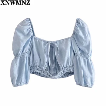 XNWMNZ 2021 linned blanding afgrøde top Pige, Kvinde, Elegant lige halsudskæring, Kort Ærme elastisk, trimmer toppe Vintage Chic kvinde bluse
