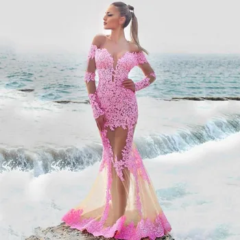 Eightale Lace Aften Kjoler 2020 Pink Havfrue Prom Kjole Pynt Blonde Lange Ærmer Se Gennem Party Dress suknie wieczorowe