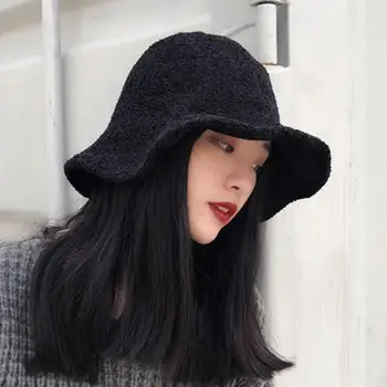 Vinter Fashion Kvinder Solid Farve Wide Brim Varmt Afslappet Uldne Bucket Hat Hætte