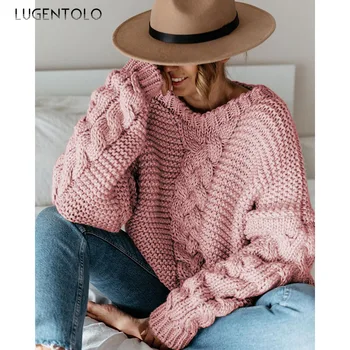Lugentolo Kvinder Sweater Twist Solid Pullover med V-hals Efterår og Vinter Løs Casual Kvindelige Strikket Sweater Plus Størrelse 5XL