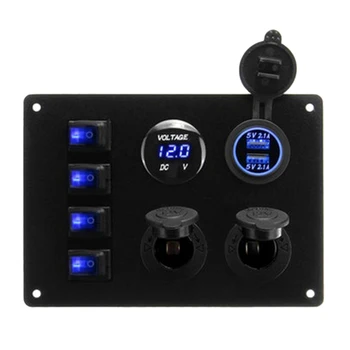 Bil -, Marine-Switch Panel, Båd Rocker Switch Panel, 4-Banden med Voltmeter/5V 2.1 EN 2-Oplader/Cigarettænder