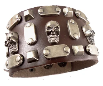 Nye ankomst håndlavet i høj kvalitet punk skull hoved skelet nitte bælte vintage ægte læder mænds Armbånd smykker armbånd
