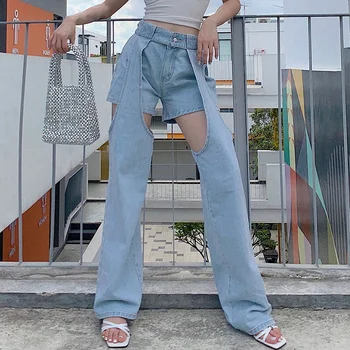 Kvinders Mode Afslappet Høj Talje Nedrivning Udskæring Jeans Blå