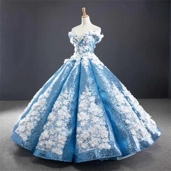 Glitter Prinsesse Aften Kjoler Off Skulder 3D Blomster Applicerede Perler, Pailletter Prom Festspil Kjole Robe De Mariée Tilpasse