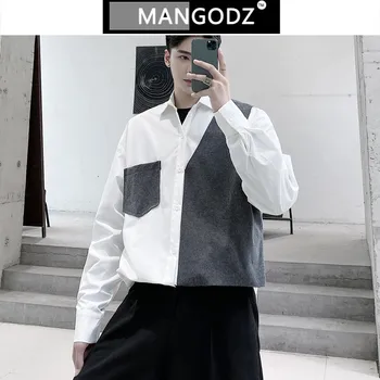 Mænd Patchwork-Shirts Koreanske Falske To Mode-Shirt Afslappet Vintage Mandlige Tøj Hip Hop Street Toppe Med Lange Ærmer Camisa Masculina