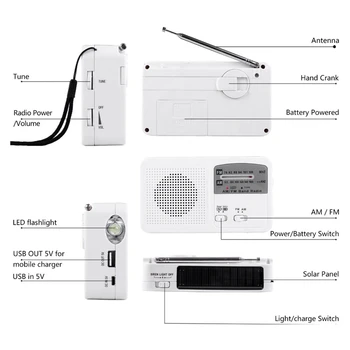 Emergency Radio med Sol og Håndsving Self Drevet, Batteri, USB-Opladning FM/AM-Radio LED Lommelygte Telefon Oplader