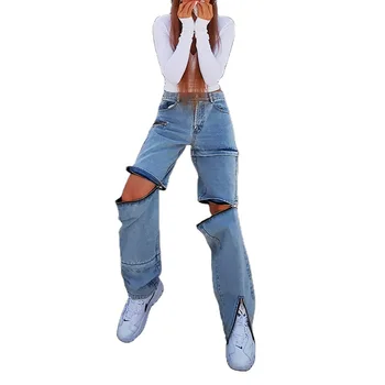 Streetwear Kvinder 2021 Ny Trend, Fashion Street Syet Boyfriend Jeans Style Multi lynlås Aftagelig Lige JeansWomen джинсы