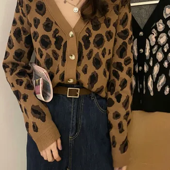 Det tidlige forår 2021 nye Mode Kvinder Strikket Cardigan med Lange Ærmer V-Hals Leopard Print Sweater Strik til Kvinder Casual Overtøj