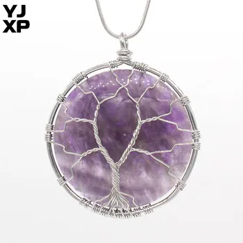 YJXP Håndlavet Tree of Life Naturlige Diamanter Steg Quartzs Amulet Rundt Formet Vedhæng til Halskæde Lucky Charms Unisex Smykker