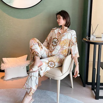 2021 Spring Nye Produkt Kvinders Pyjamas koreanske Version Udskrivning Løs Cardigan Passer Ice Silke Træningsdragt