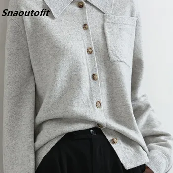 Snaoutofit Foråret Efteråret New Style Ren Uld Shirt, POLO Krave Strikket Cardigan Kvinders Plus Size Sweater Løs Jakke XXL