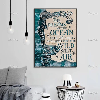 Mermaid Plakat, Hun Drømmer Om Havet Sent På Natten Og Længes Efter Den Vilde Salt Luft,Væg Kunst Prints Hjem Indretning Lærred Gave