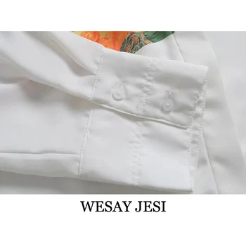 WESAY JESI 2021 Foråret Top Asymmetrisk Trykt Abstrakt Maleri Shirt i Single-breasted Casual Ærme Mode Temperament Shirt